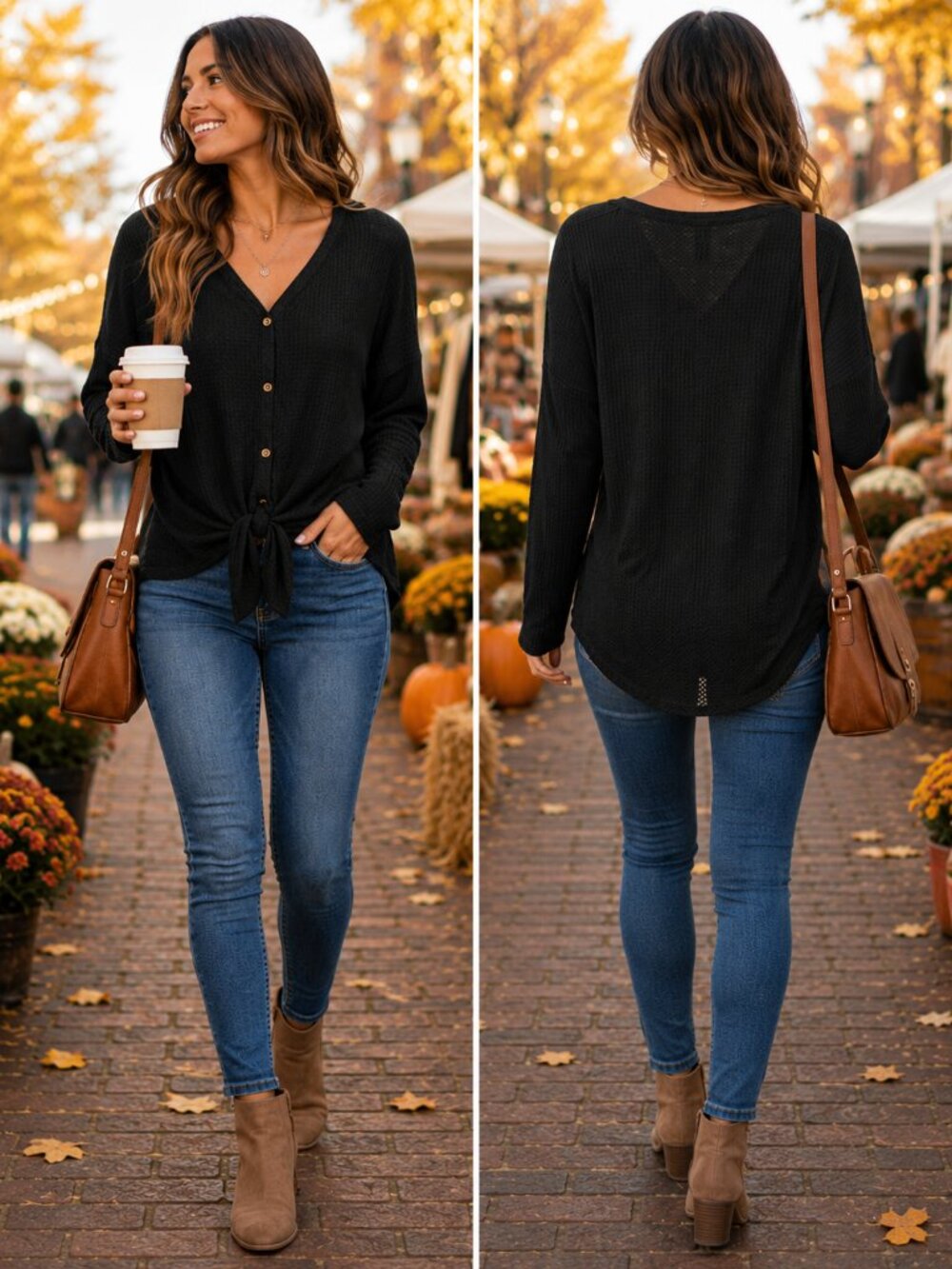 Iwollence Black Waffle Knit Tie Front  Top High Low Hem Stretch Boho Casual Chic